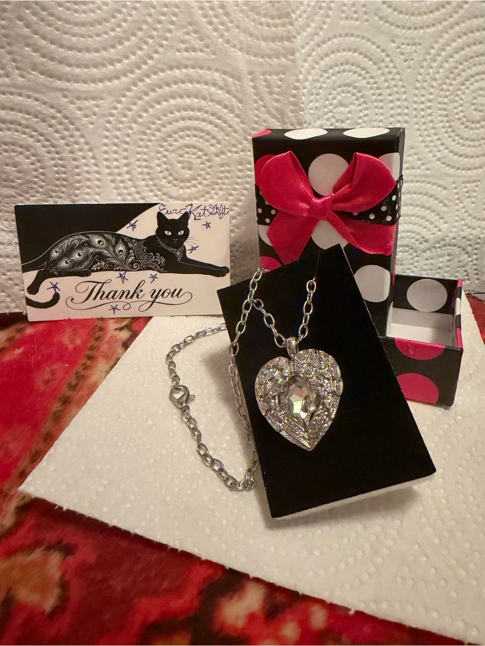 NWT Private Label Silver Angel Wings Heart Crystal Pendant Necklace NEW